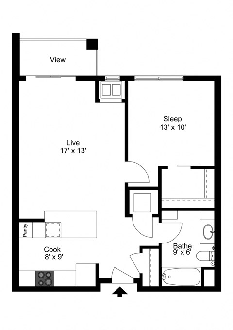 Floor plan for 1 bed, 1 bath, 709 sqft